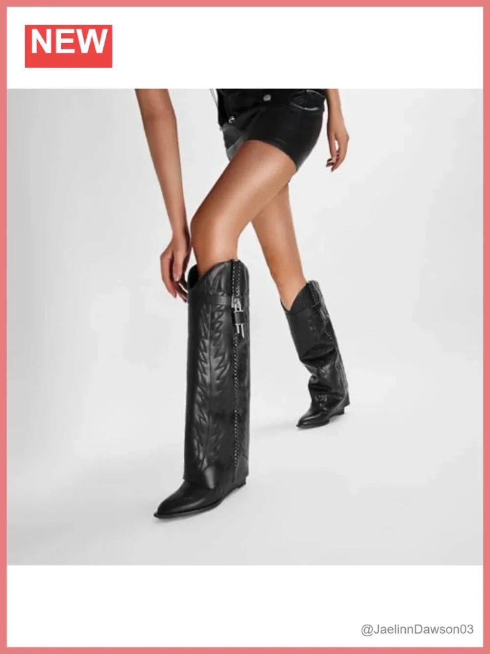 Faux Leather & Denim Fold Over Knee High Western Embroidered Wedge Heel Boots
